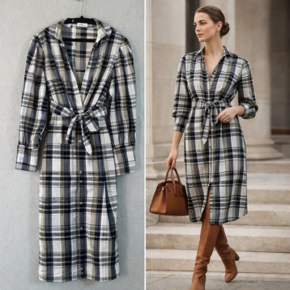 Veronica Beard Plaid Shirt Dress Belted Midi Button Front Long